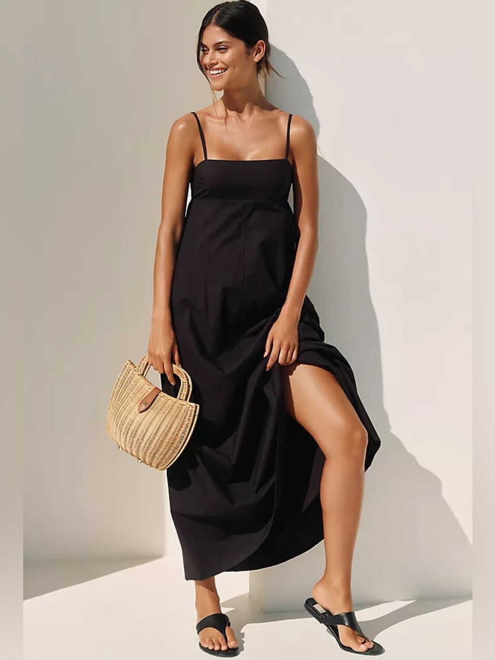 L*Space Raveena Poplin Dress Smocked Full Lined Maxi Black Cotton Medium